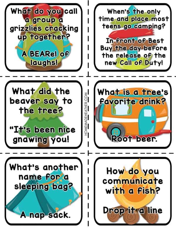 Printable camping themed jokes.