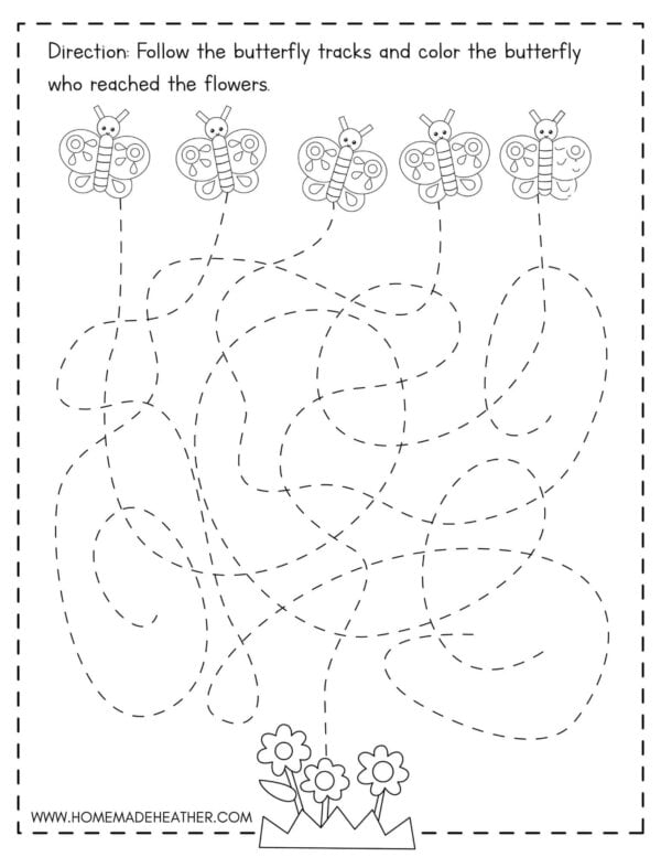Printable line maze with butterflies at the end.