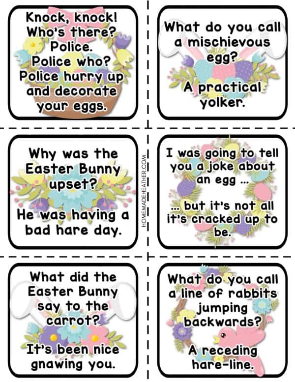 Easter Jokes typed on cut out printables.