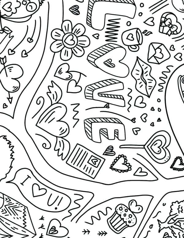Giant Christmas Tree Activity Giant valentine heart printable coloring page with love, hearts, flowers, letters, and boxes of chocolates to color in.