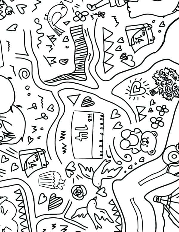 Giant Christmas Tree Activity A giant valentine heart printable coloring page with images of birds, bears, and flowers.