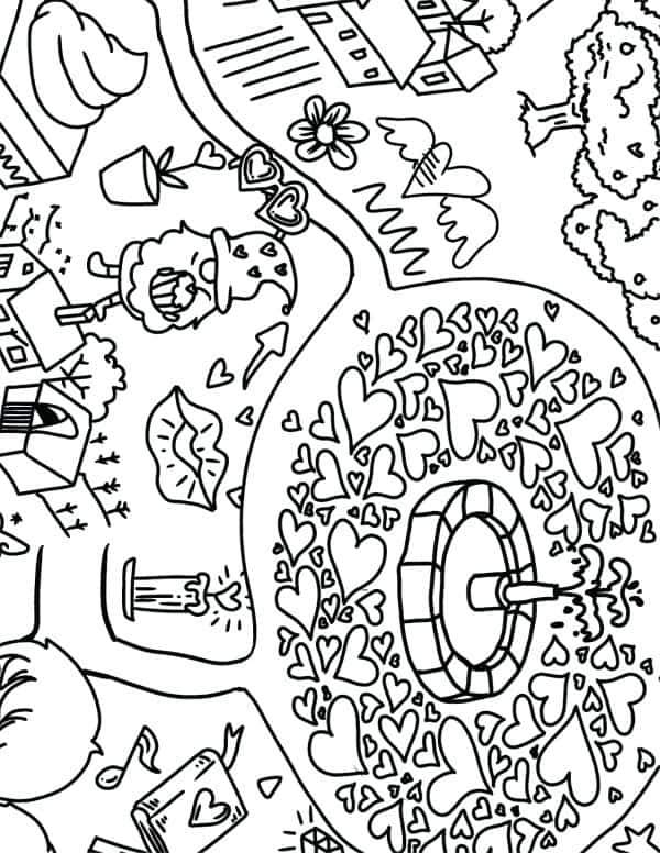 Giant Christmas Tree Activity A giant valentine heart printable coloring page with images of heart stepping stones around a water fountain, flowers, and gnomes