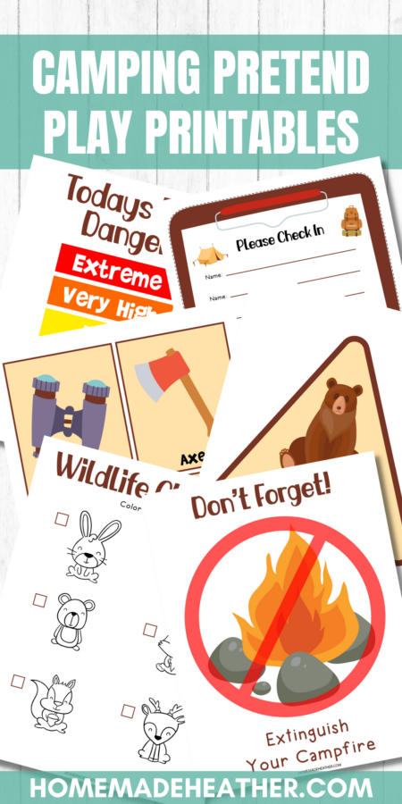Camping Pretend Play Printables flat lay with text overlay.