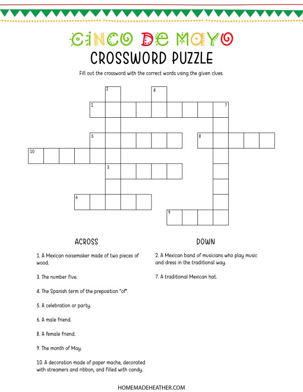 Cinco de Mayo printable crossword puzzle.