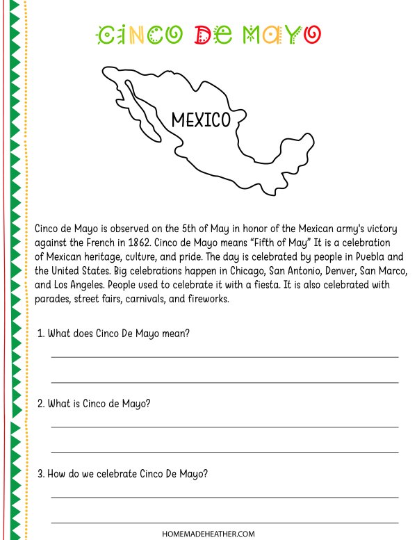 Cinco de Mayo question sheet with map of Mexico.