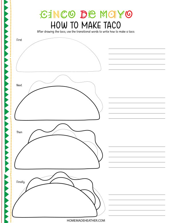 Printable with four taco outlines and instructions to make a taco.