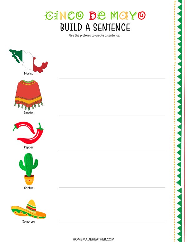 Cinco de Mayo printable with pictures of Mexican items and instructions to describe them.