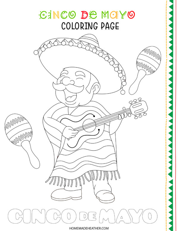Cinco de Mayo coloring page with man in sombrero.