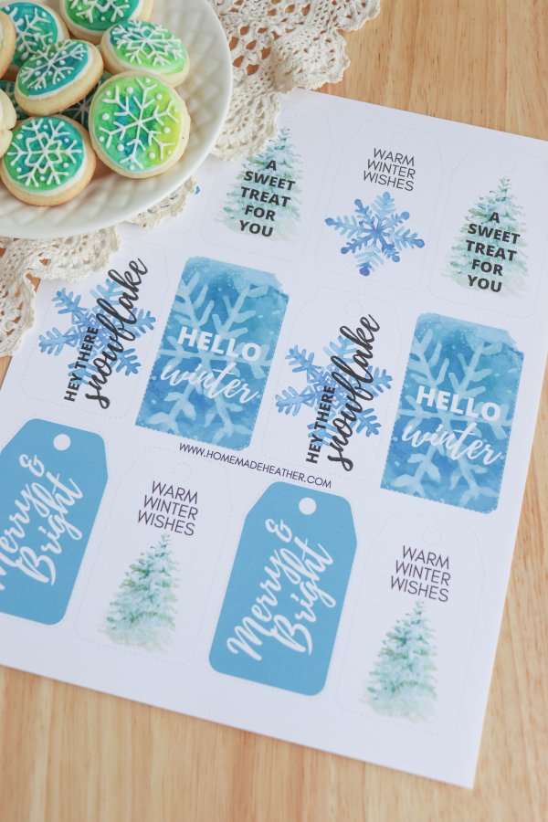Watercolor Snowflake Sugar Cookies with Printable Gift Tags