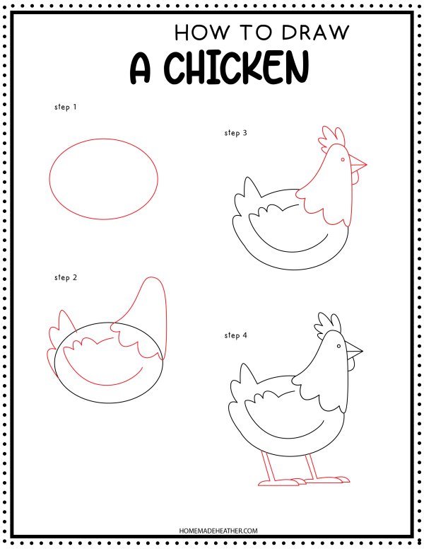 How to Draw a chicken printable with step by step pictures.