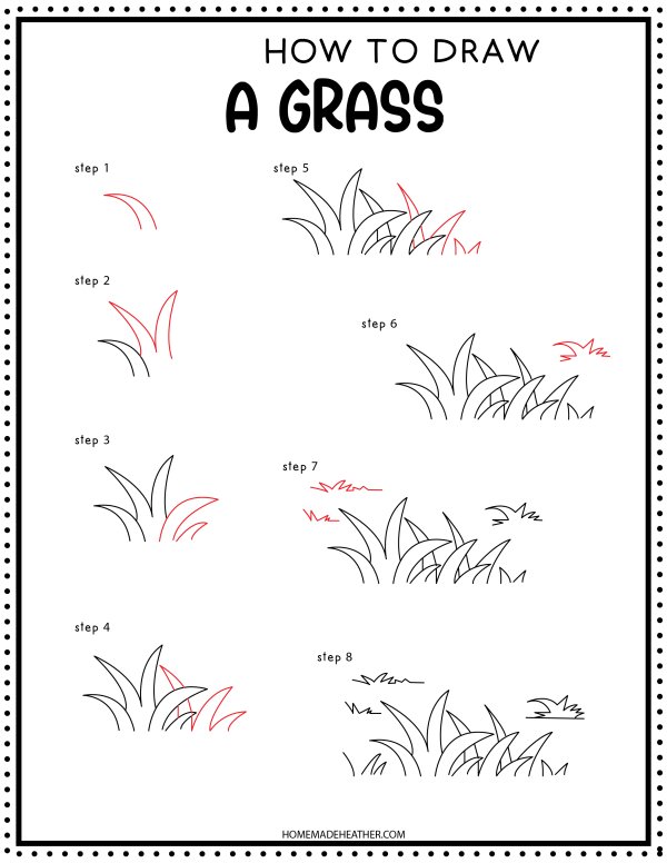 How to Draw grass printable with step by step pictures.