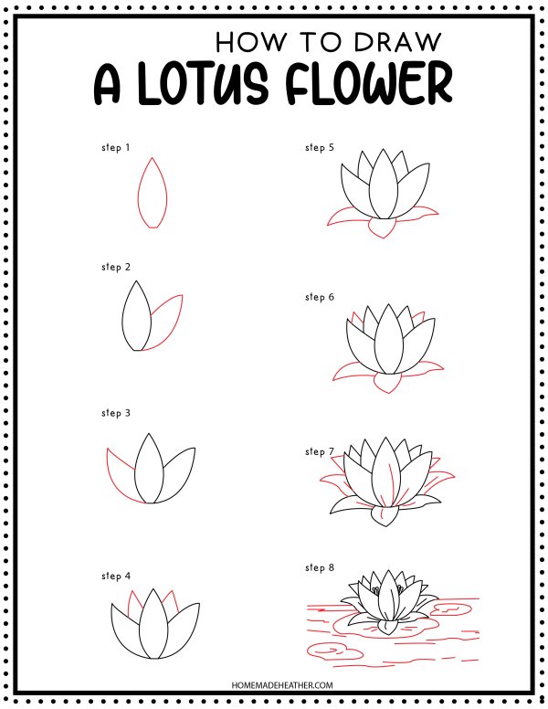 How to Draw a lotus flower printable with step by step pictures.