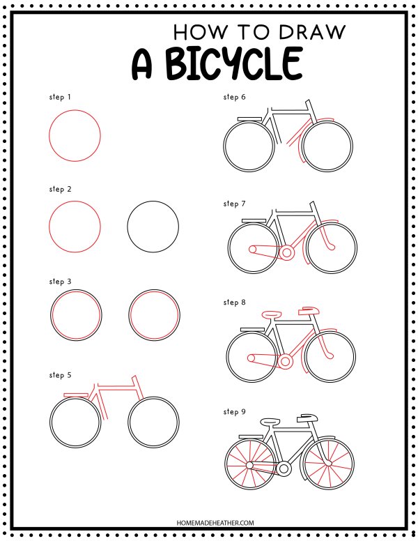 How to Draw a bicycle printable with step by step pictures.