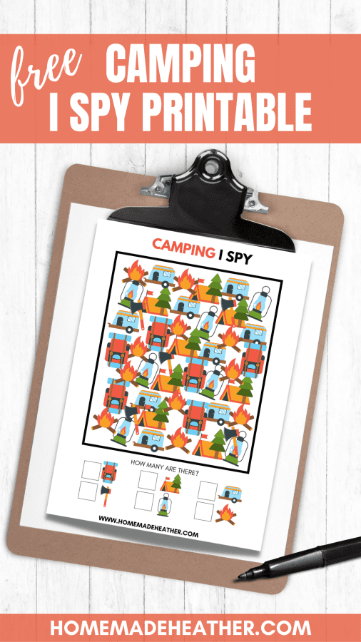 Free Camping I Spy Printable  flat lay with text overlay.