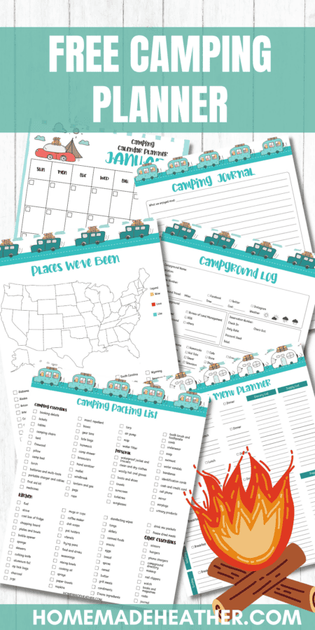 Camping Planner Printable flat lay with text overlay.