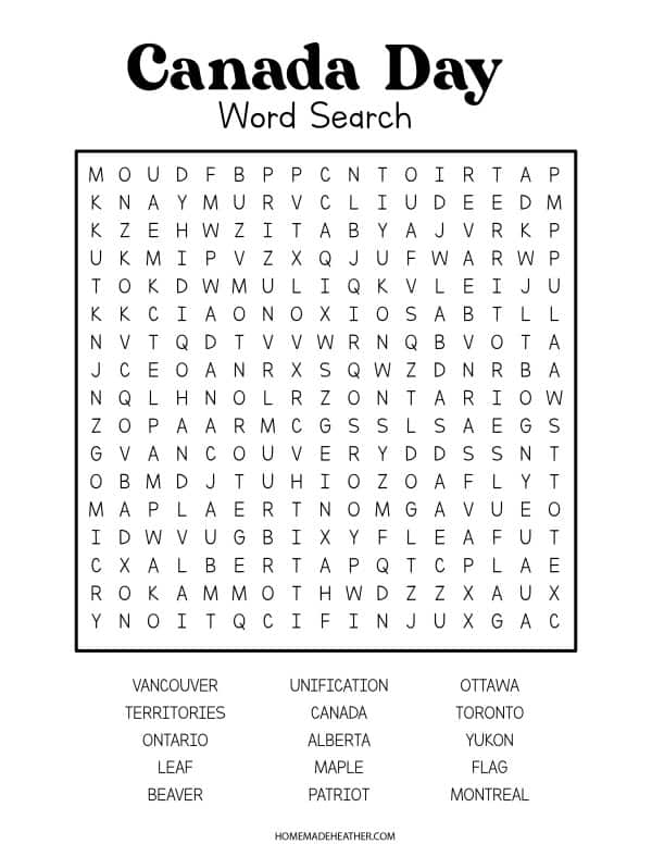 Canada Day Word Search Printable