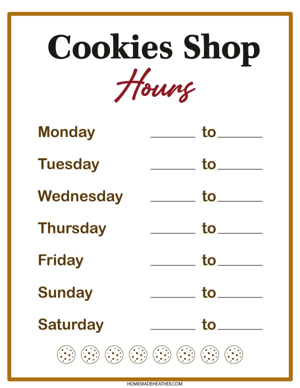 Free Cookie Shop Hours Printable
