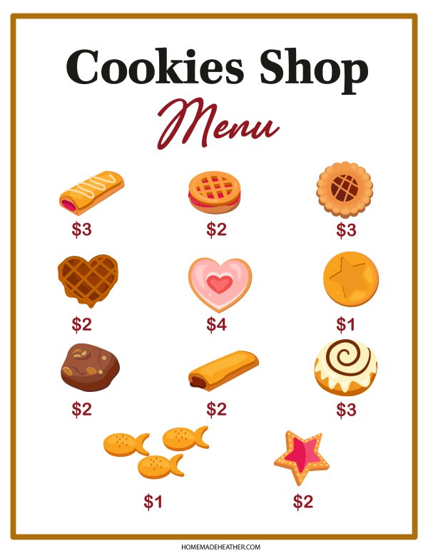 Free Cookie Shop Menu Printable