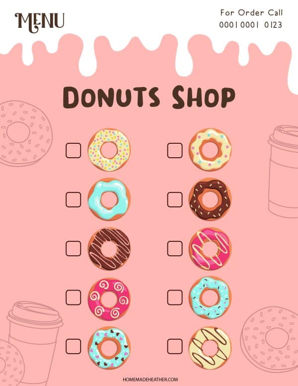 camping checklist copy Donut shop menu pretend play printables.