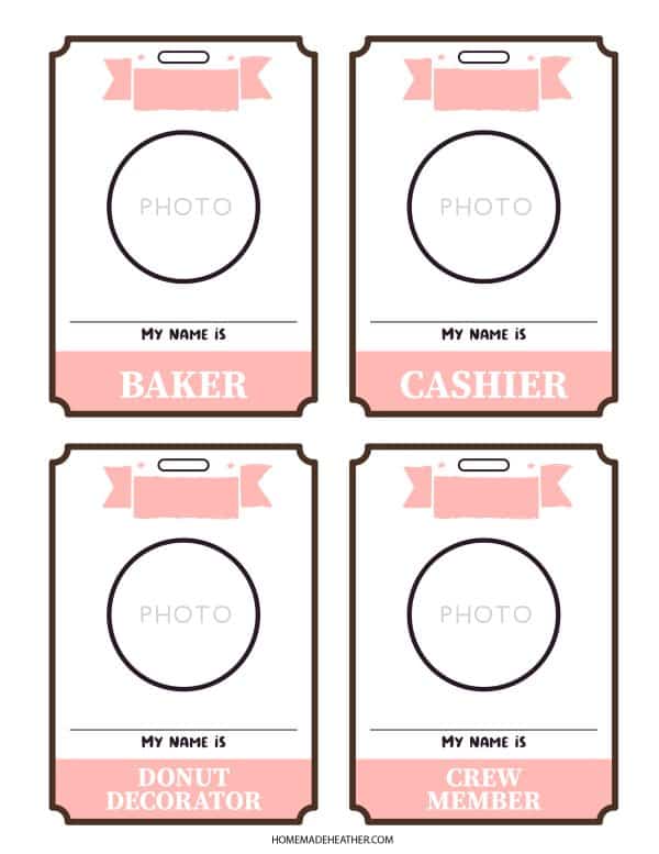 camping charades Donut shop name badge printables.