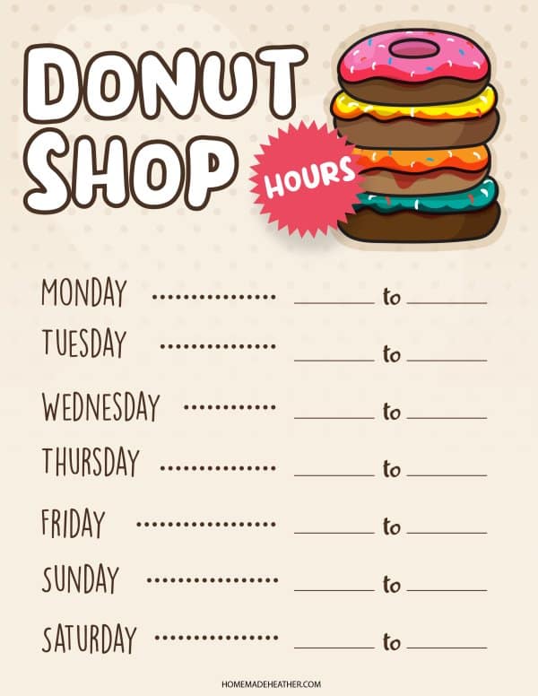 camping animal tracks Pretend play donut shop hours printable.
