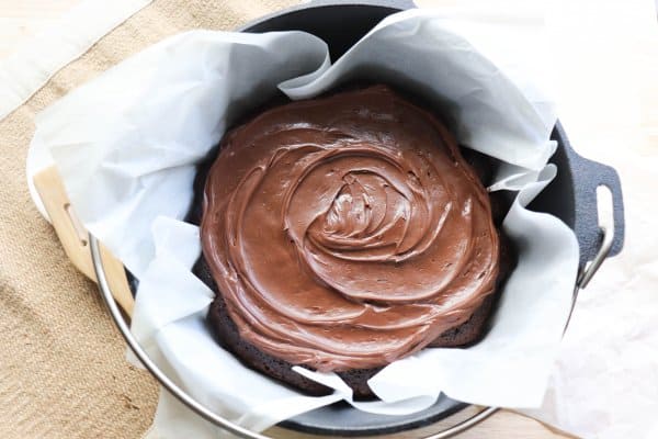 Dutch Oven Chocolate Cake with chocolate frosting.