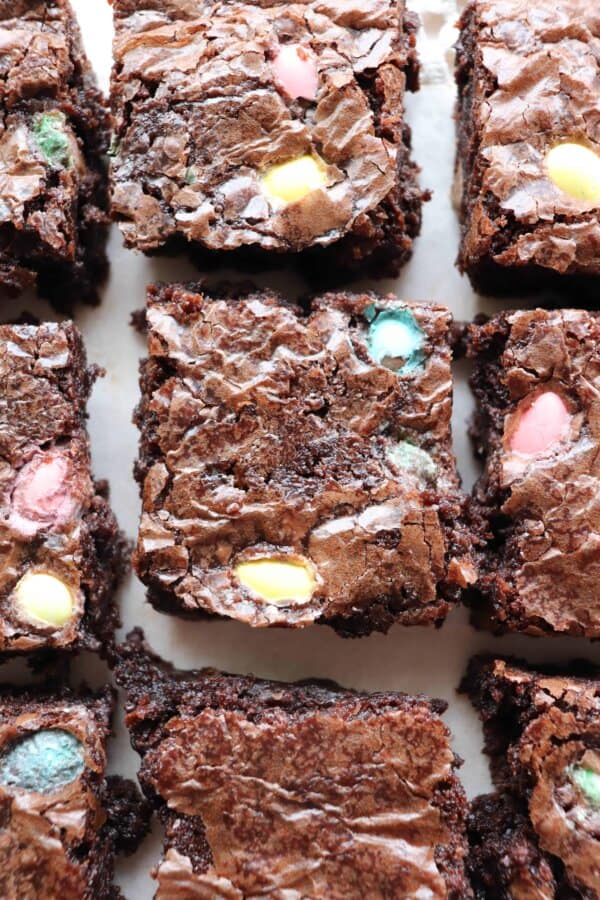 Mini Egg Brownies with colorful candy.