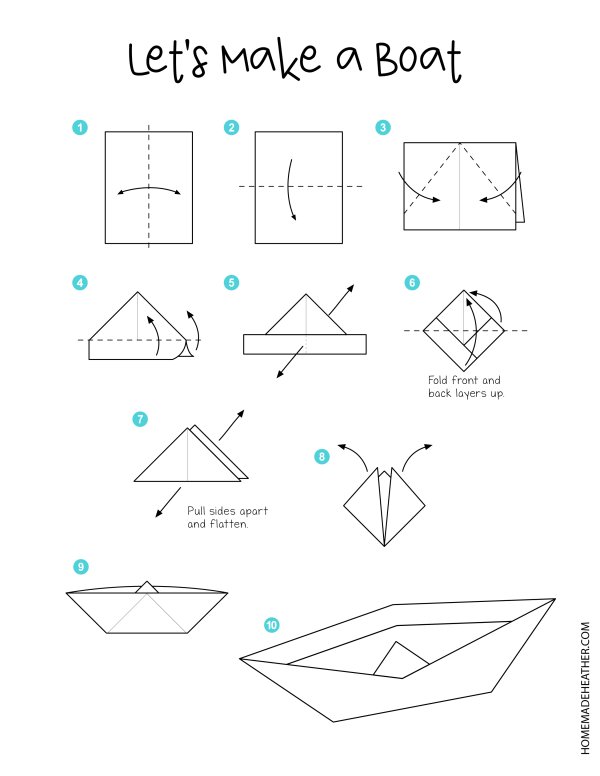 Paper Airplane Printable with instructions for folding a boat.
