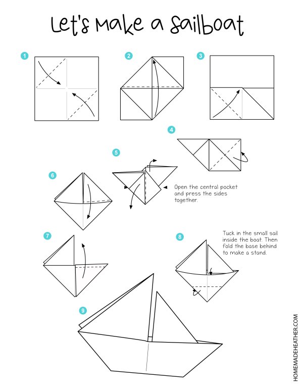 Paper airplane printable with instructions for folding a sailboat.