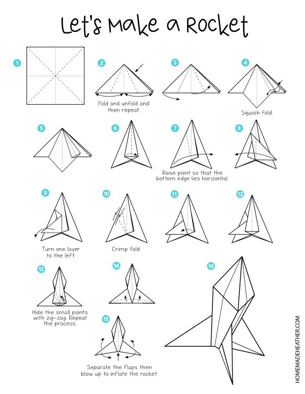 Paper airplane printable with instructions for folding a rocket.