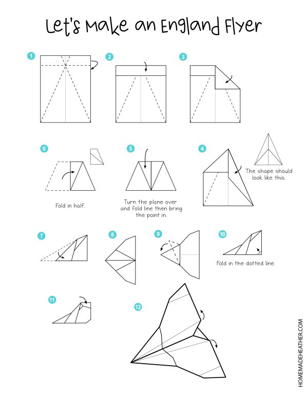 Paper airplane printable with instructions for folding an England flyer.