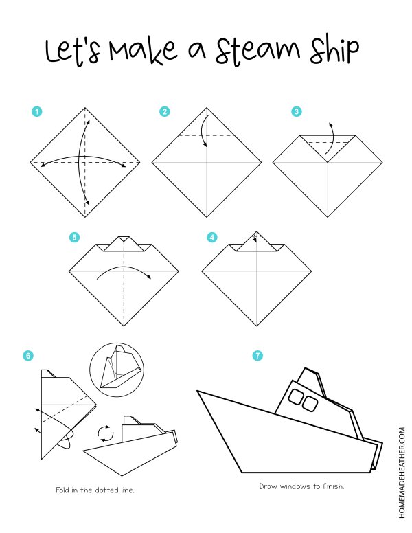Instructions for folding a steamship with paper printable.