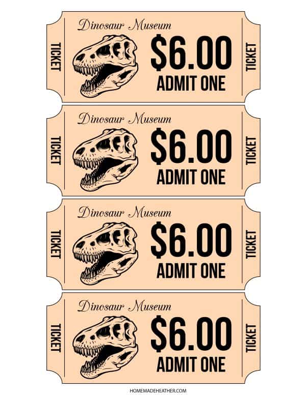 Dinosaur museum tickets pretend play printables.