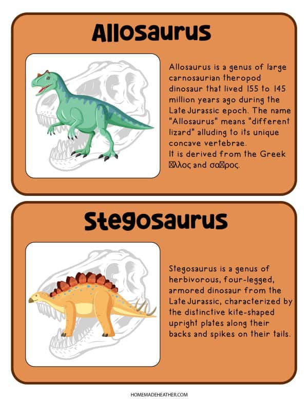 Printable museum pretend play dinosaur descriptions.