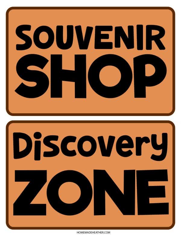 Souvenier shop and discovery zone dinosaur museum pretend play printables.