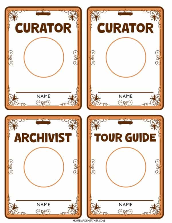 Dinosaur museum name badges pretend play printables.