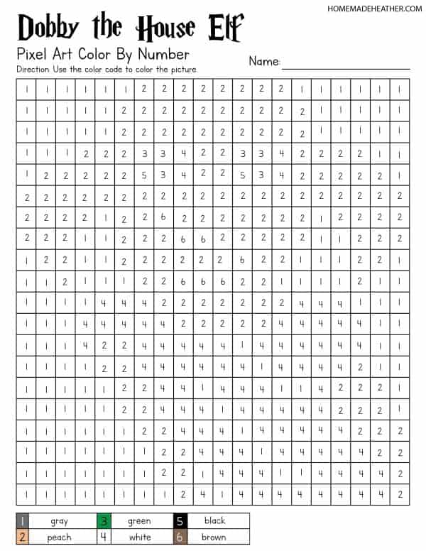 Dobby the House Elf color by number grid with numbers.