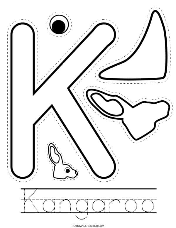Letter K with eye, ear, pouch, and joey cut out and traceable Kangaroo printable craft.