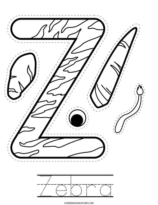 Letter Z with an eye, tail, ear, and leg cut-out printable craft with traceable Zebra.