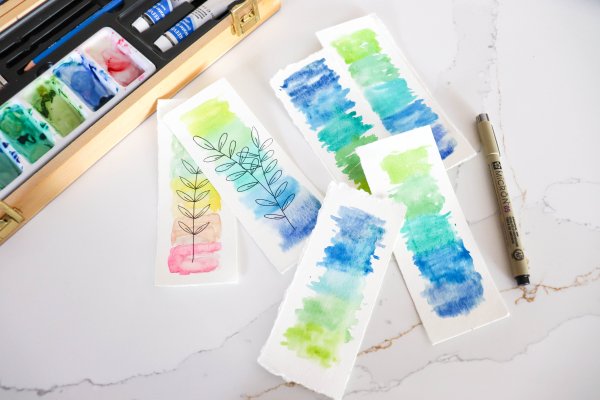 Drawing leaf sketched on the watercolor bookmarks.