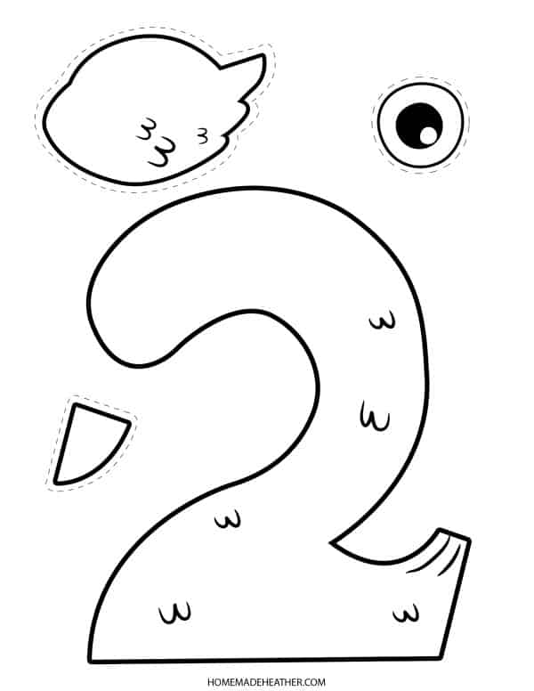 Number two with an eye, ear and wing to cut and paste free number craft printable.