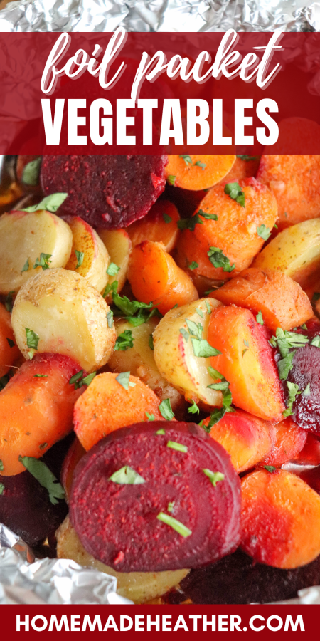 Rounds of beets, white potatoes and carrots cooked in a foil packet and topped with fresh parsley.