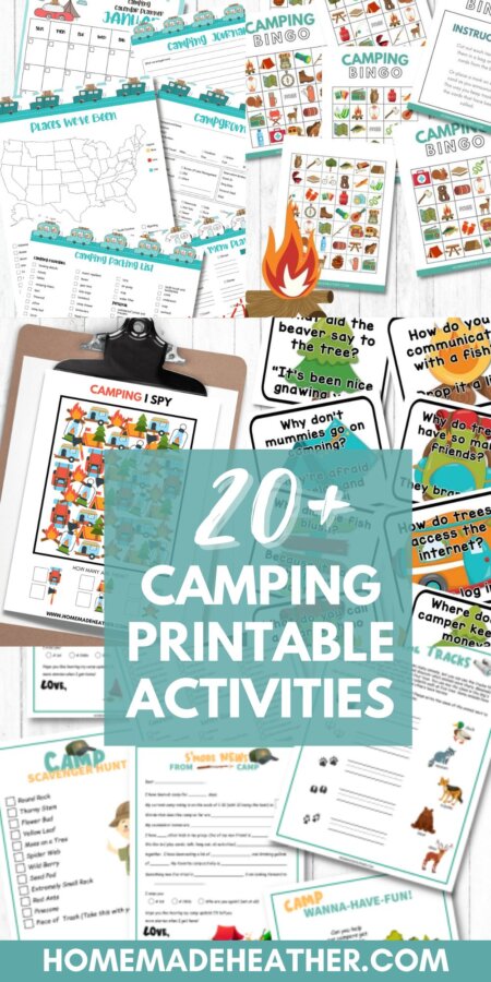 Printable Camping Activities flat lay with text overlay.