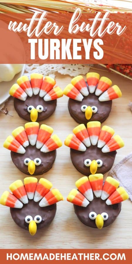 Nutter Butter Turkey Cookies with candy corn feathers and candy eyes.