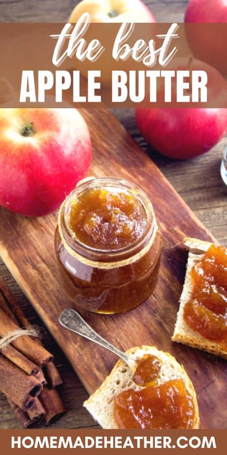 Crockpot apple butter recipe spread on toast, a jar of apple butter, and apples on a wooden surface.