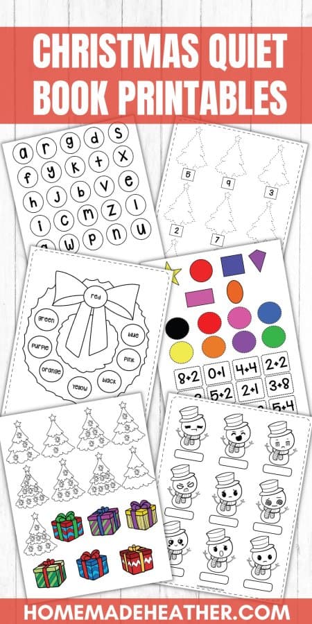 nature printable bingo sheets Christmas Quiet Book Printables on a flat lay with text overlay.