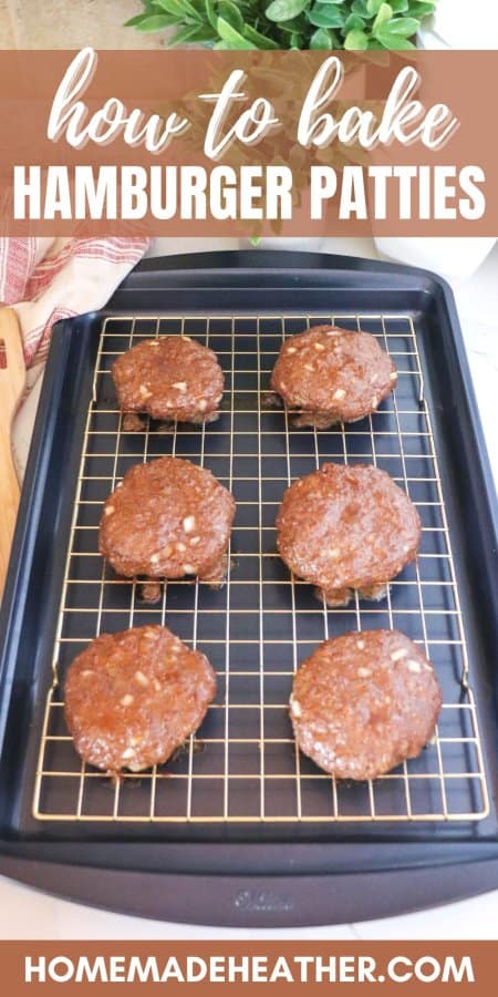 Six baked hamburger patties on a wire rack on a baking sheet with a text overlay.