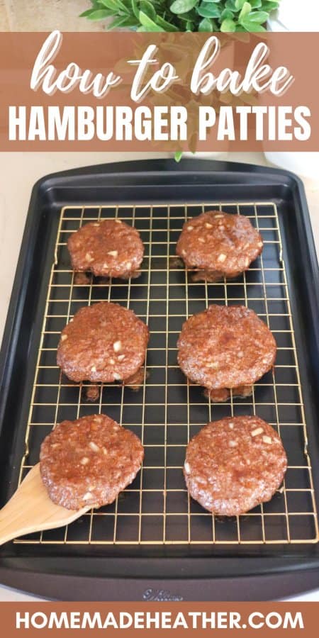 Six cooked hamburger patties on a wire rack on a baking sheet with text overlay.