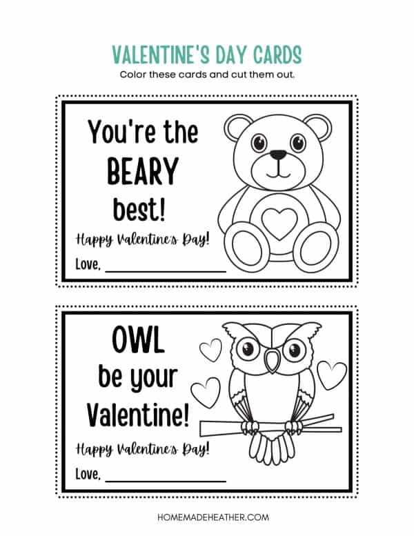 Black and white Valentine owl and bear printable cards.