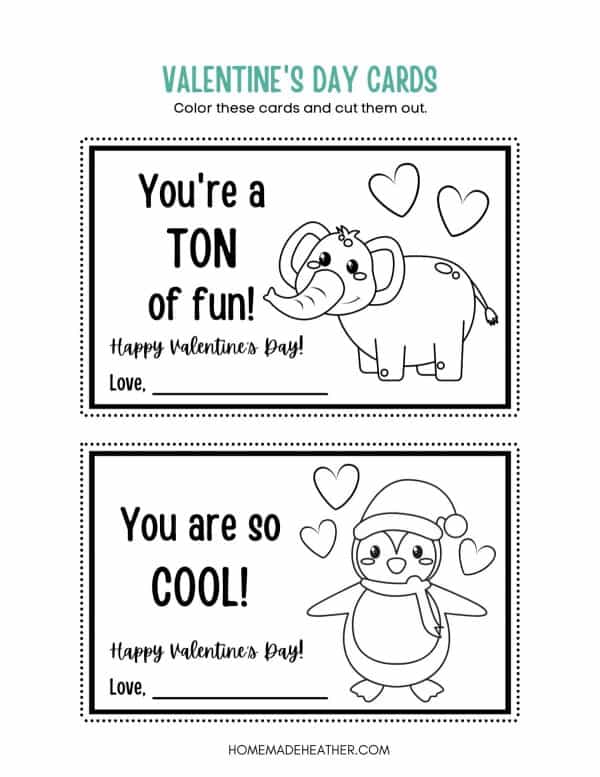 Printable black and white elephant and penguin Valentine cards.